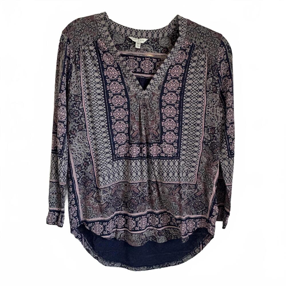 Lucky Brand | Women’s Long Sleeve Navy Blue Pink Gray Boho V Neck Shirt Size M